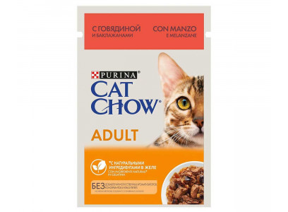 Влажный Корм Cat Chow (Кэт Чау) Для Кошек Говядина и Баклажан в Желе Adult 85г (1*24) 