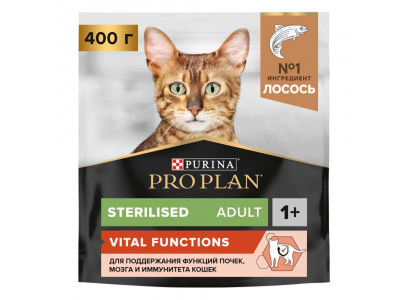 Сухой Корм Pro Plan (ПроПлан) Для Стерилизованных Кошек и Кастрированных Котов Для Поддержания Функций Почек, Мозга и Иммунитета Лосось Sterilised Vital Functions 400г (1*8) 