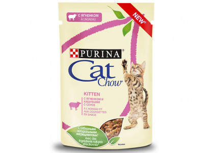 Влажный Корм Cat Chow (Кэт Чау) Для Котят Ягненок и Кабачки в Соусе Kitten 85г (1*24) 