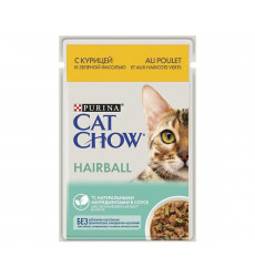 Влажный Корм Cat Chow (Кэт Чау) Для Кошек Для Контроля Образования Комков Шерсти в ЖКТ Курица и Зеленая Фасоль в Соусе Adult Hairball 85г (1*24)