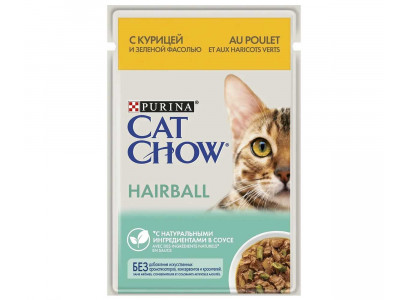 Влажный Корм Cat Chow (Кэт Чау) Для Кошек Для Контроля Образования Комков Шерсти в ЖКТ Курица и Зеленая Фасоль в Соусе Adult Hairball 85г (1*24) 