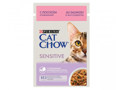 Влажный Корм Cat Chow (Кэт Чау) Для Кошек с Чувствительным Пищеварением Лосось и Кабачки в Соусе Adult Sensitive 85г 