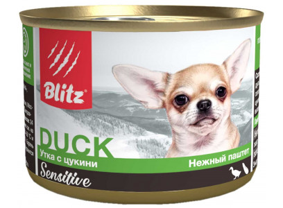 Консервы Для Собак и Щенков Мелких Пород Blitz (Блиц) с Чувствительным Пищеварением Утка и Цукини Паштет Sensitive Small Breed Duck with Zucchini 200г 681525 