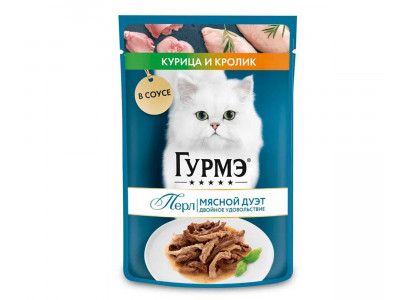 Влажный Корм Гурмэ Для Кошек Перл Мясной Дуэт Кролик и Курица в Соусе 75г (1*26) 