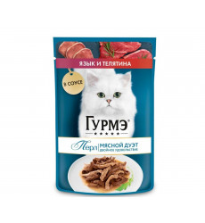 Влажный Корм Гурмэ Для Кошек Перл Мясной Дуэт Язык и Телятина в Соусе 75г (1*26)
