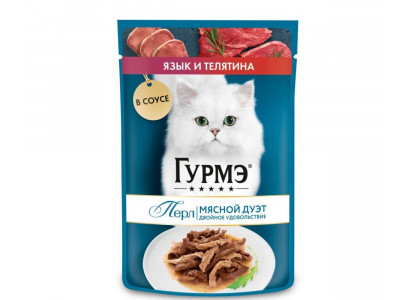 Влажный Корм Гурмэ Для Кошек Перл Мясной Дуэт Язык и Телятина в Соусе 75г (1*26) 