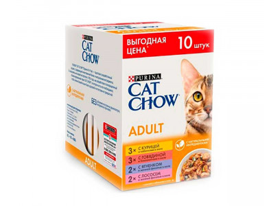 Влажный Корм Cat Chow (Кэт Чау) Для Кошек Лосось, Говядина, Ягненок и Курица 10*85г  