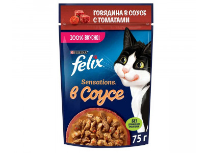 Влажный Корм Felix (Феликс) Для Кошек Говядина и Томат в Соусе Sensation 75г (1*26) 