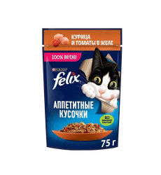 Влажный Корм Felix (Феликс) Для Кошек Аппетитные Кусочки Курица и Томаты в Желе 75г (1*26)