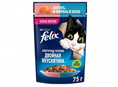 Влажный Корм Felix (Феликс) Двойной Вкус Для Кошек Лосось и Форель в Желе 75г (1*26) 