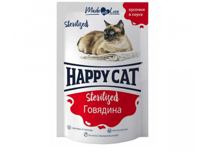Влажный Корм Happy Cat (Хэппи Кэт) Для Стерилизованных Кошек Говядина Кусочки в Соусе 85г 7504216 