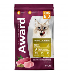 Сухой Корм Award (Эвард) Hairbal & Indor Для Домашних Кошек Для Вывода Шерсти Утка и Идейка 1,5кг