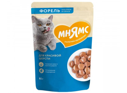 Влажный Корм Мнямс Для Кошек Для Красивой Шерсти Форель Кусочки в Соусе 85г 