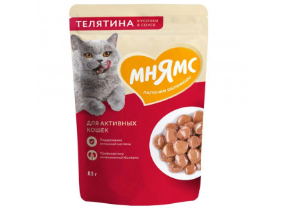 Влажный Корм Мнямс Для Активных Кошек Телятина Кусочки в Соусе 85г 