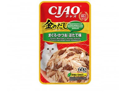 Влажный Корм Inaba (Инаба) Kinnodashi Для Кошек Тунец Магуро, Кацуо и Гребешок в Желе 60г (1*12) 