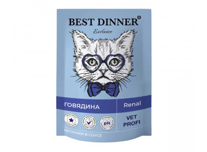 Влажный Корм Best Dinner (Бест Диннер) Для Кошек Профилактика Заболеваний Почек Говядина Кусочки в Соусе Exclusive Renal 85г 7445 