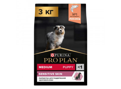 Сухой Корм Pro plan (Проплан) Для Щенков Средних Пород с Чувствительной Кожей Лосось и Рис OPTI Derma Sensitive Skin Medium Puppy 3кг (1*4)  