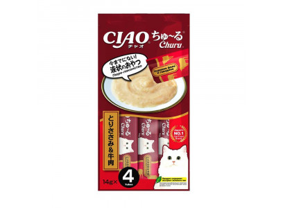 Лакомство Inaba (Инаба) Ciao Churu Для Кошек 14г*4 Пюре Куриное Филе и Говядина  