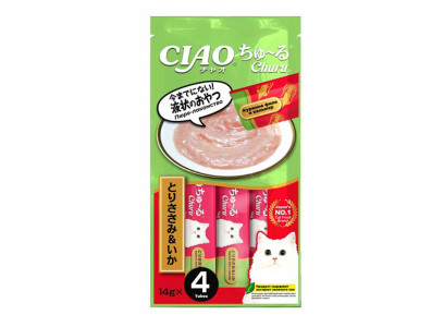 Лакомство Inaba (Инаба) Ciao Churu Для Кошек 14г*4 Пюре Куриное Филе и Кальмар  