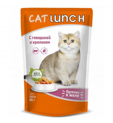 Влажный Корм Cat Lunch (Кэт Ланч) Для Кошек Говядина и Кролик Кусочки в Желе 85г (1*24)
