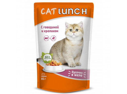 Влажный Корм Cat Lunch (Кэт Ланч) Для Кошек Говядина и Кролик Кусочки в Желе 85г (1*24) 