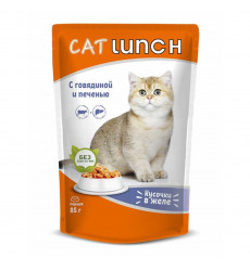 Влажный Корм CAt Lunch (Кэт Ланч) Для Кошек Говядина и Печень Кусочки в Желе 85г (1*24)