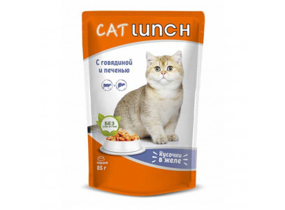 Влажный Корм CAt Lunch (Кэт Ланч) Для Кошек Говядина и Печень Кусочки в Желе 85г (1*24) 