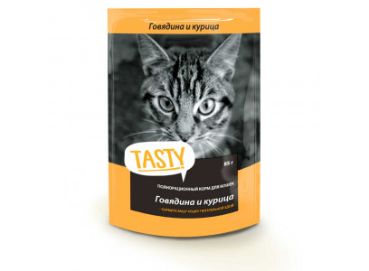 Влажный Корм Tasty (Тести) Для Кошек Говядина и Курица в Желе 85г 