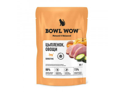 Влажный Корм Bowl Wow (Боул Вау) Для Кошек с Чувствительным Пищеварением Цыпленок и Овощи в Соусе 85г 