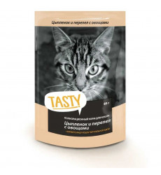 Влажный Корм Для Кошек Tasty (Тести) Цыпленок, Перепелка и Овощи Желе 85г