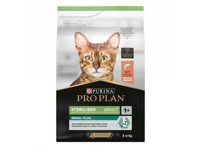 Сухой Корм Pro Plan (ПроПлан) Для Кастрированных Котов и Стерилизованных Кошек Для Поддержания Здоровья Почек Лосось Renal Plus Sterilised Salmon 3кг (1*4) 